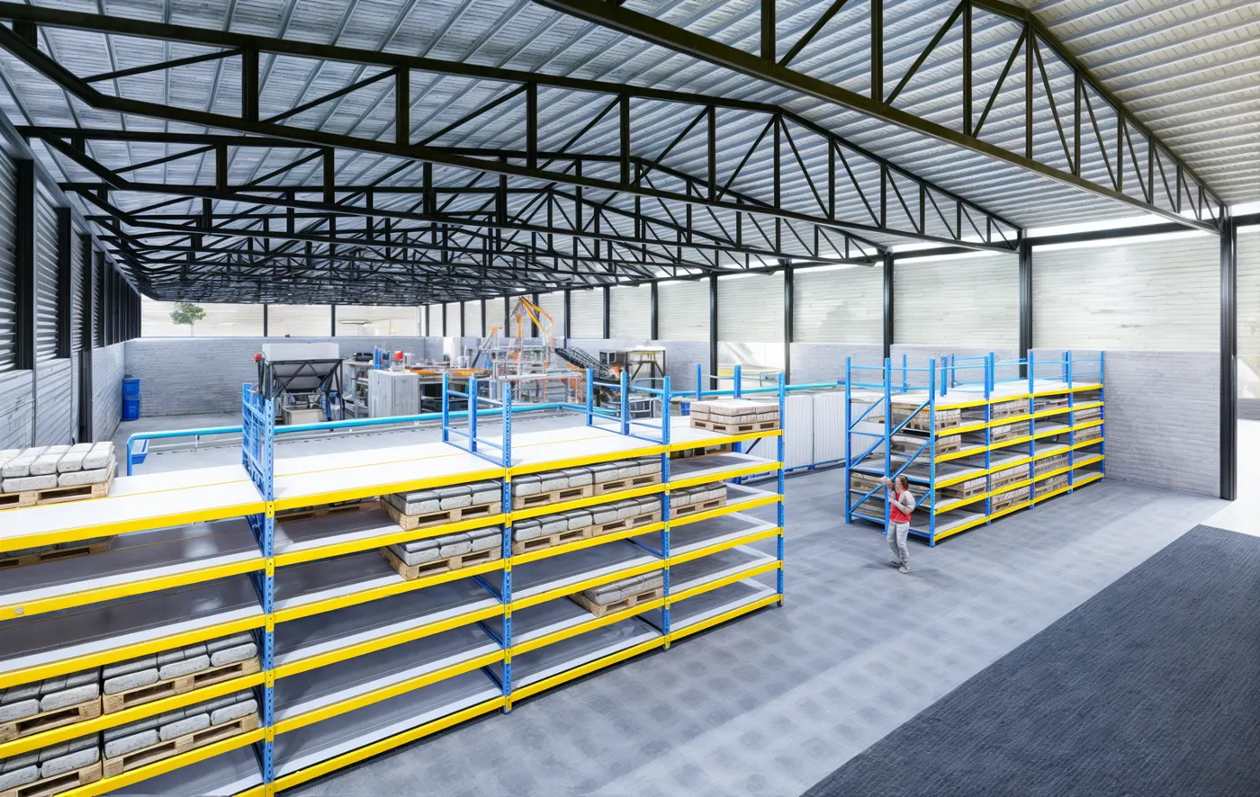 Render interior de la fábrica de pellets con estanterías y montacargas