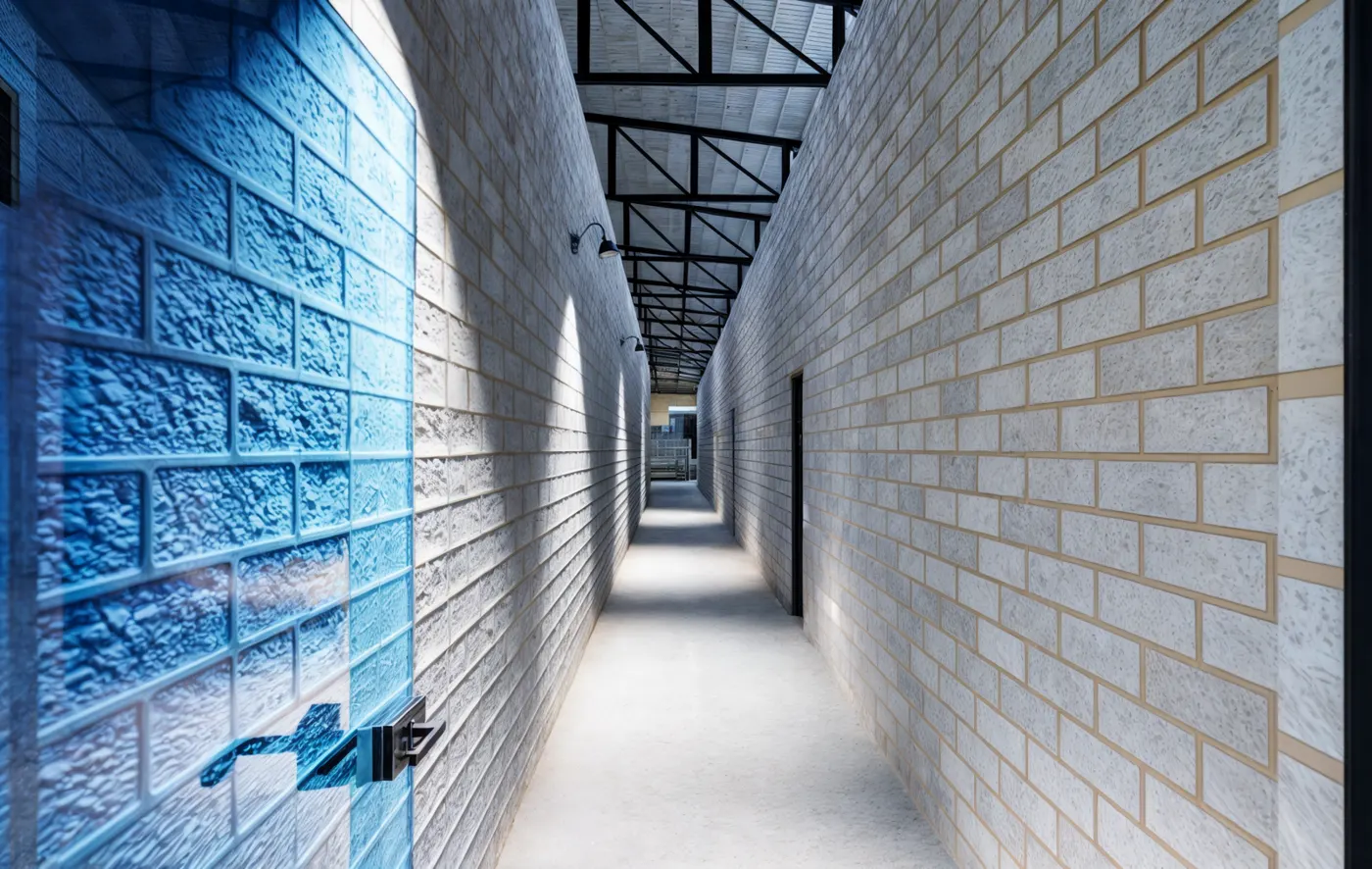 Render de un pasillo de la fábrica de pellets entre un muro de bloque azul y un muro de ladrillo gris